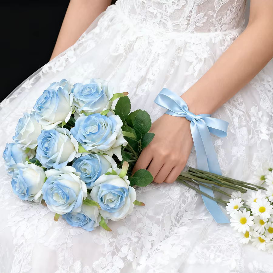 Fleurs artificielles bleu Rose saint valentin Brial Bouquet couronne de mariage maison chambre extérieure cour décor bricolage fleur à main cadeau accessoire