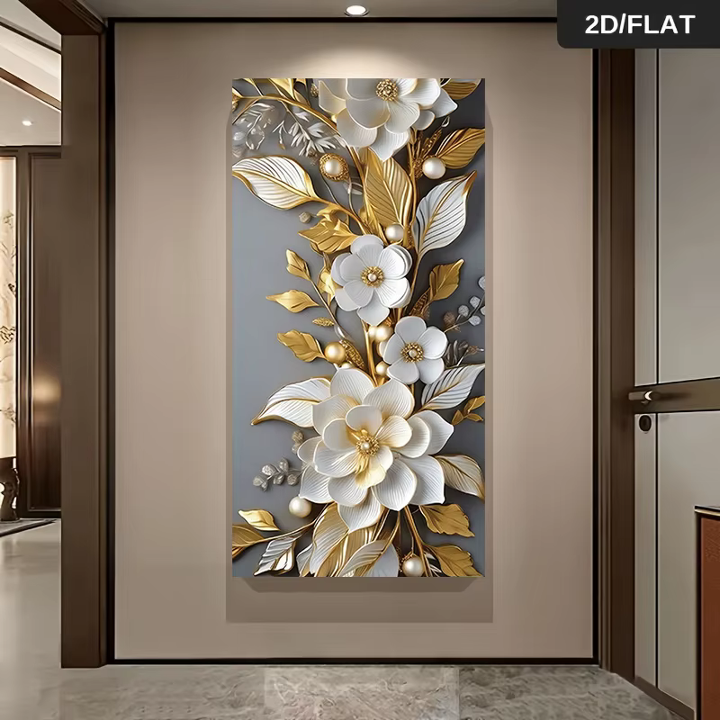 1 peinture sur toile moderne et luxueuse avec des fleurs dorées et blanches, décoration en perles, peinture suspendue sans cadre, pour salon