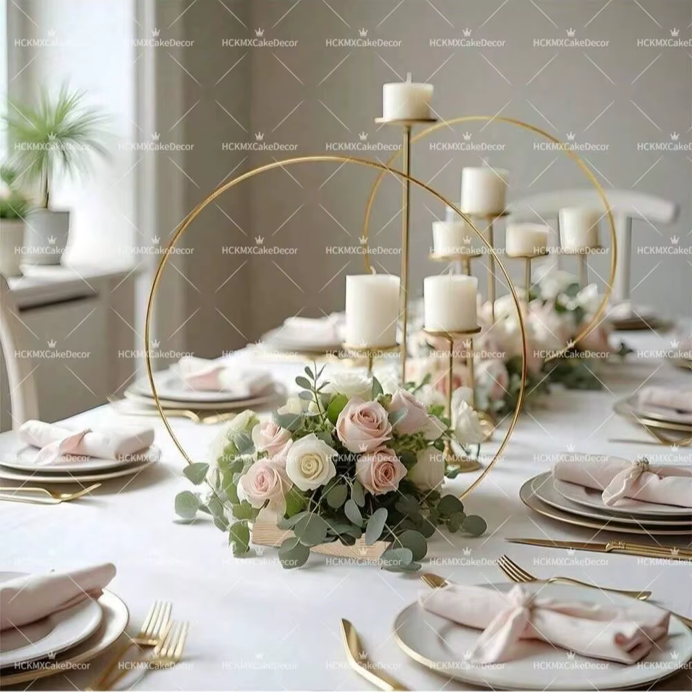 Lot de 5 cerceaux floraux en fil doré avec base en bois pour décoration de centre de table de mariage DIY