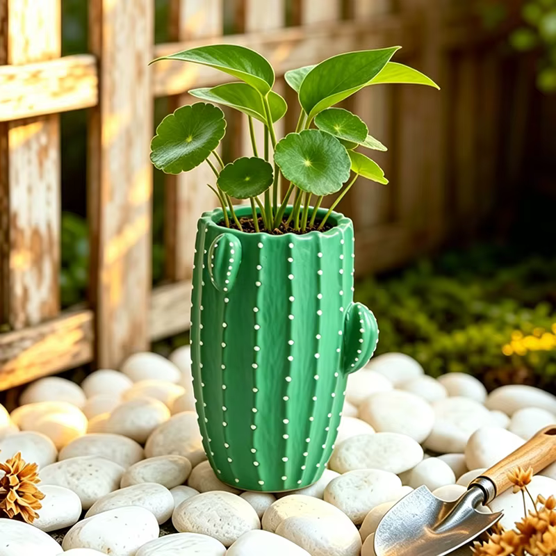 Petit pot de fleurs en résine en forme de cactus vert de dessin animé pour plantes succulentes