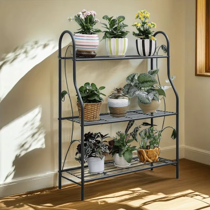 Étagère polyvalente robuste en fer forgé à 3 niveaux – Support de rangement au sol à assemblage facile pour les