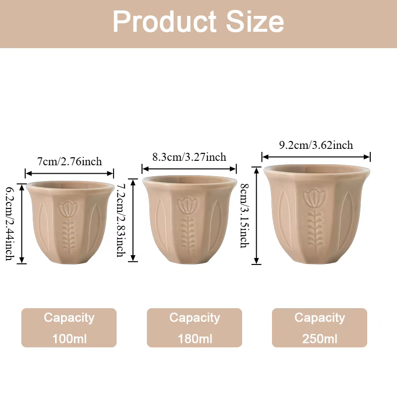 1 pièce Tasse en céramique style arabe à motif tulipe en relief 100/180/250 ml