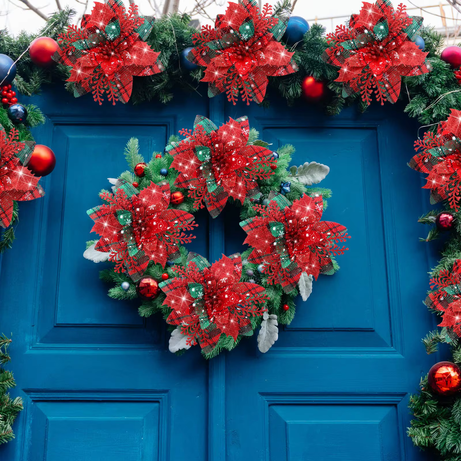 Poinsettias artificielles à paillettes de noël