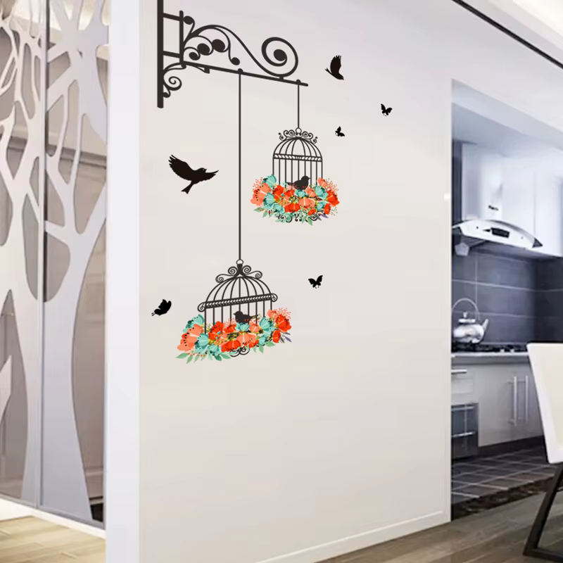 Autocollant Mural Coloré avec Cage à Oiseaux Volants