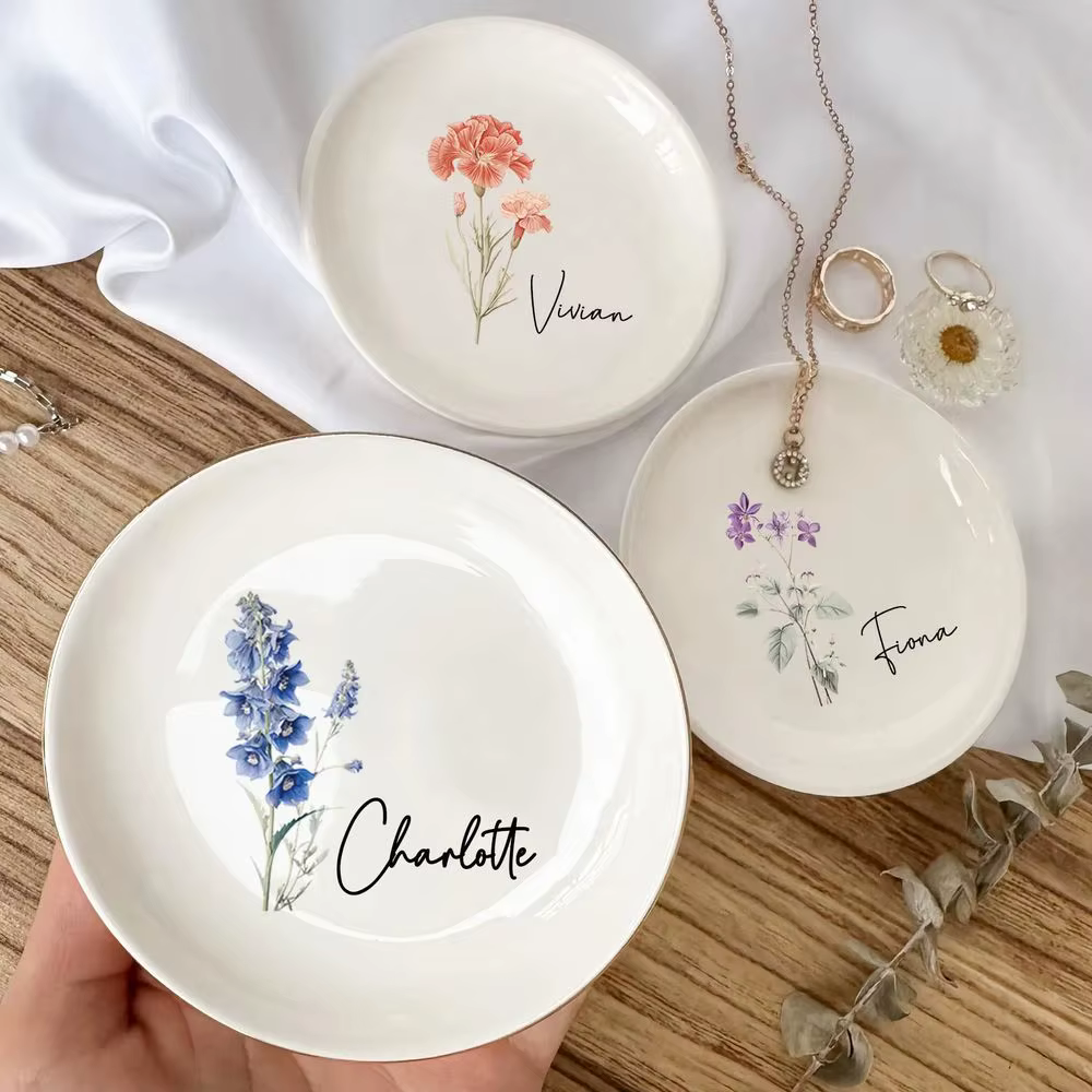 Plat de bibelot de fleur de naissance personnalisé