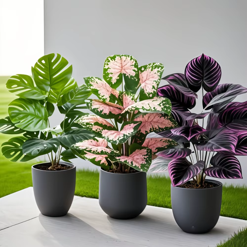 Ensemble de 3 grandes plantes artificielles vertes d'extérieur avec 36 feuilles