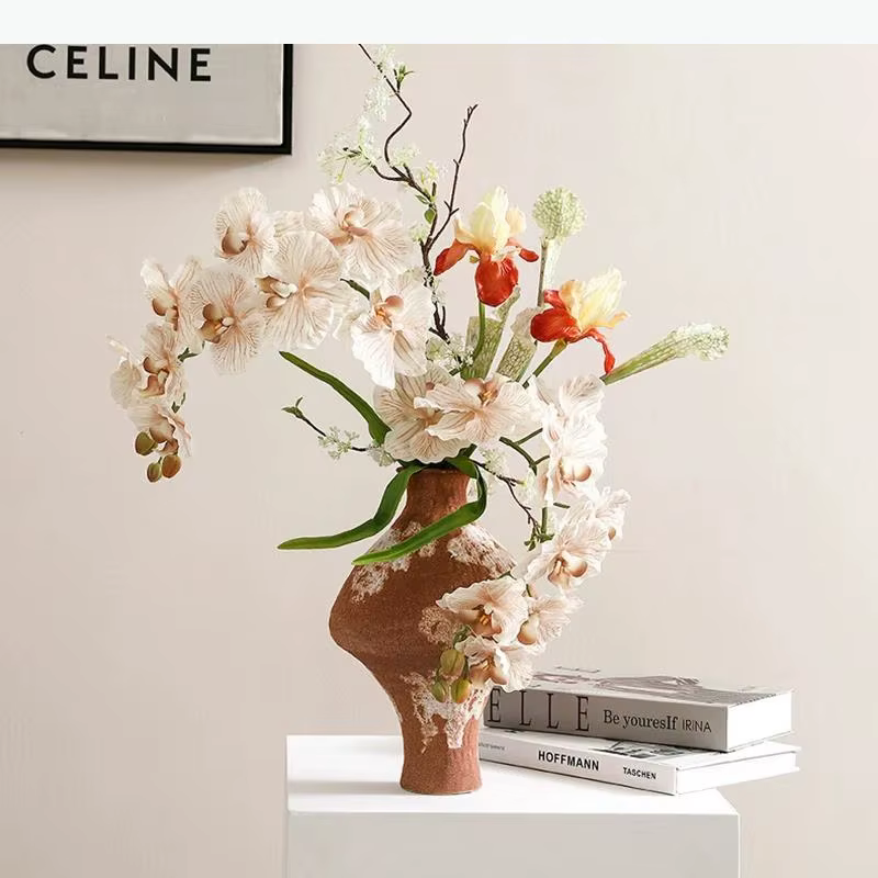 Vase en céramique vintage, fleurs artificielles, pot décoratif, décoration de bureau, œuvre d'art abstraite, vases floraux, décoration esthétique de la pièce