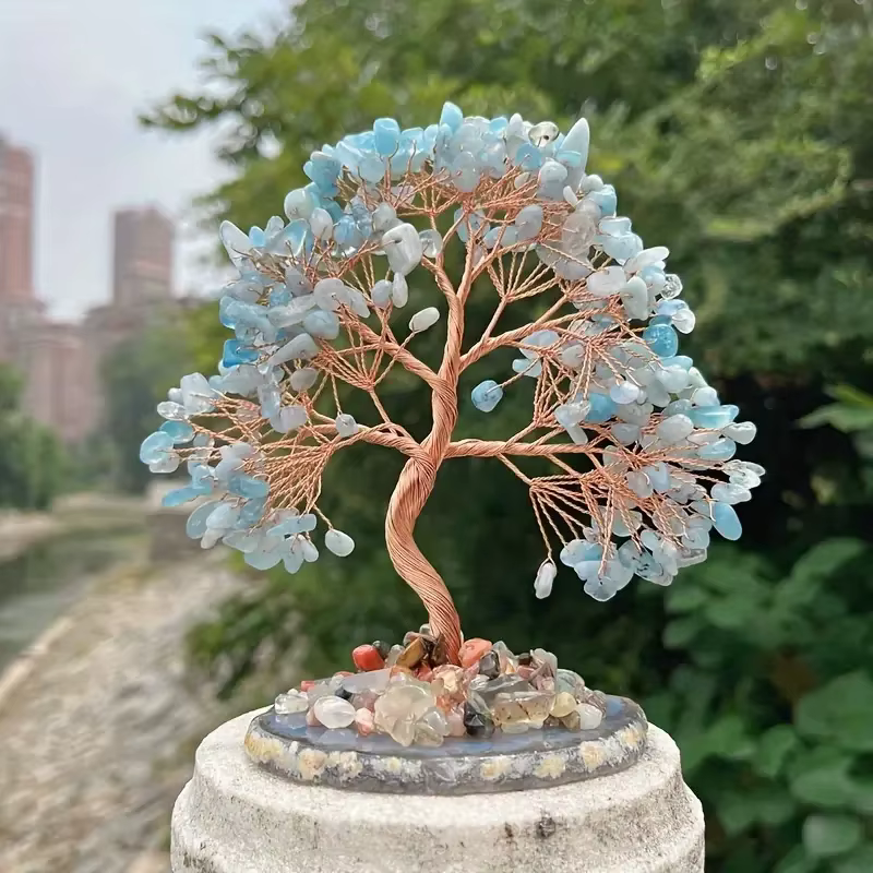 Arbre d'argent aigue-marine en pierre brute de cristal