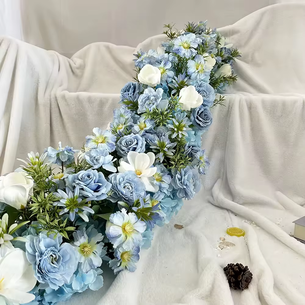 Uflower 200cm Chemin de table en fleurs artificielles bleues élégantes, fond de scène artificiel pour mariage, fête, décoration de la maison