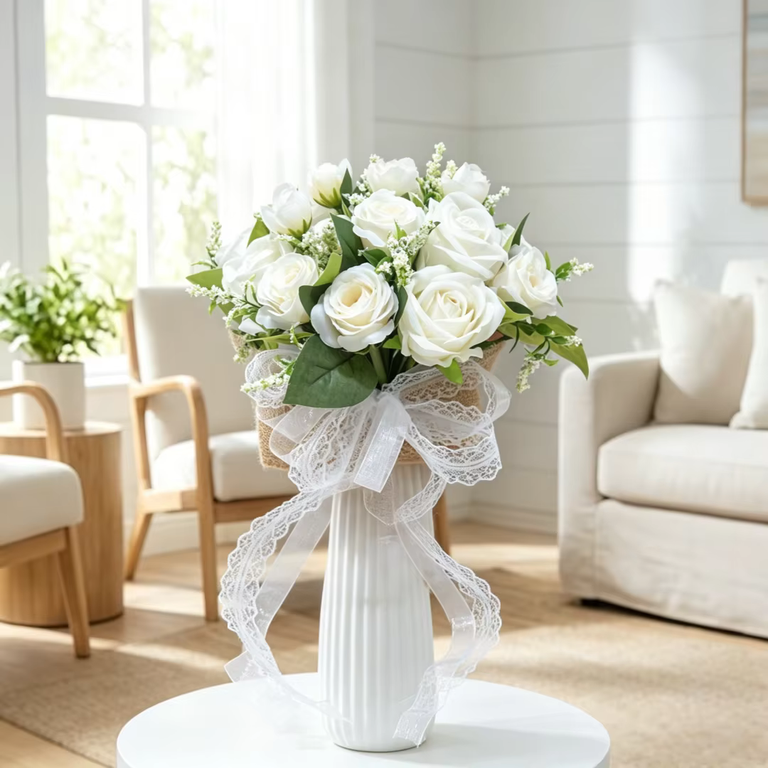 Bouquet de mariée artificiel en roses, en dentelle et toile de jute, fleur artificielle à tenir en main pour mariage, demoiselle d'honneur, séance photo en extérieur