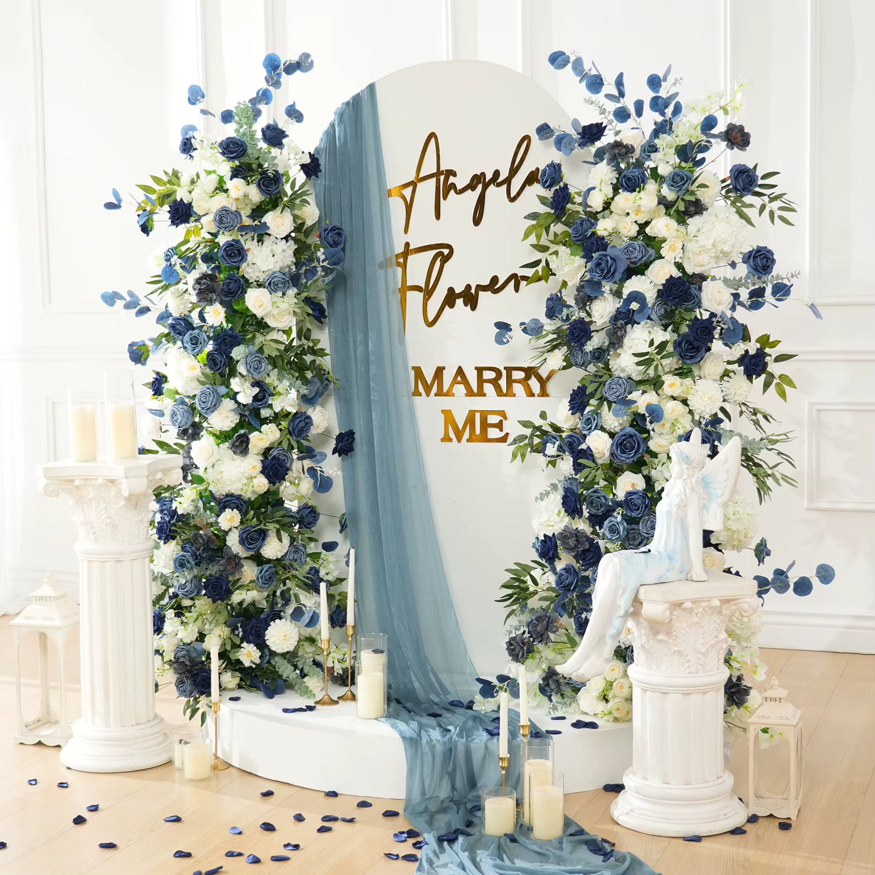 Angela fleur A9032 bleu blanc Rose verdure KT conseil Arrangement Floral mariage toile de fond événement