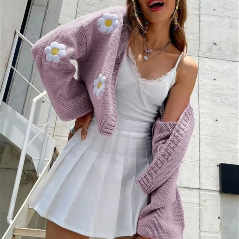 Pull-over cardigan pour femme, motif floral doux, nouvelle collection automne, coupe ample, court, tricoté