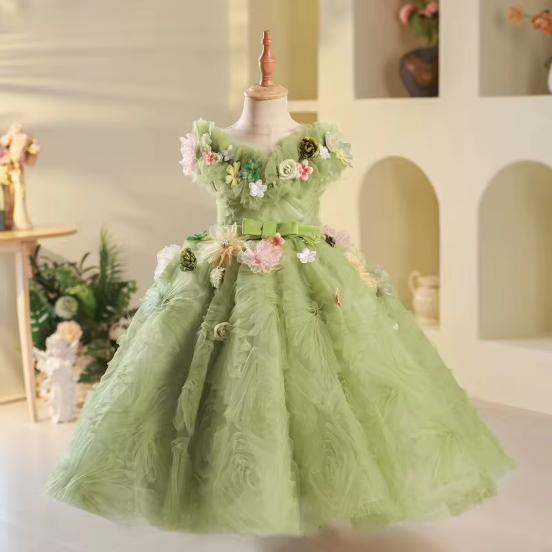 Robe de princesse à fleurs vertes pour enfants, robes d'été élégantes pour fête d'anniversaire, Costumes à fleurs pour filles, robe formelle pour enfants
