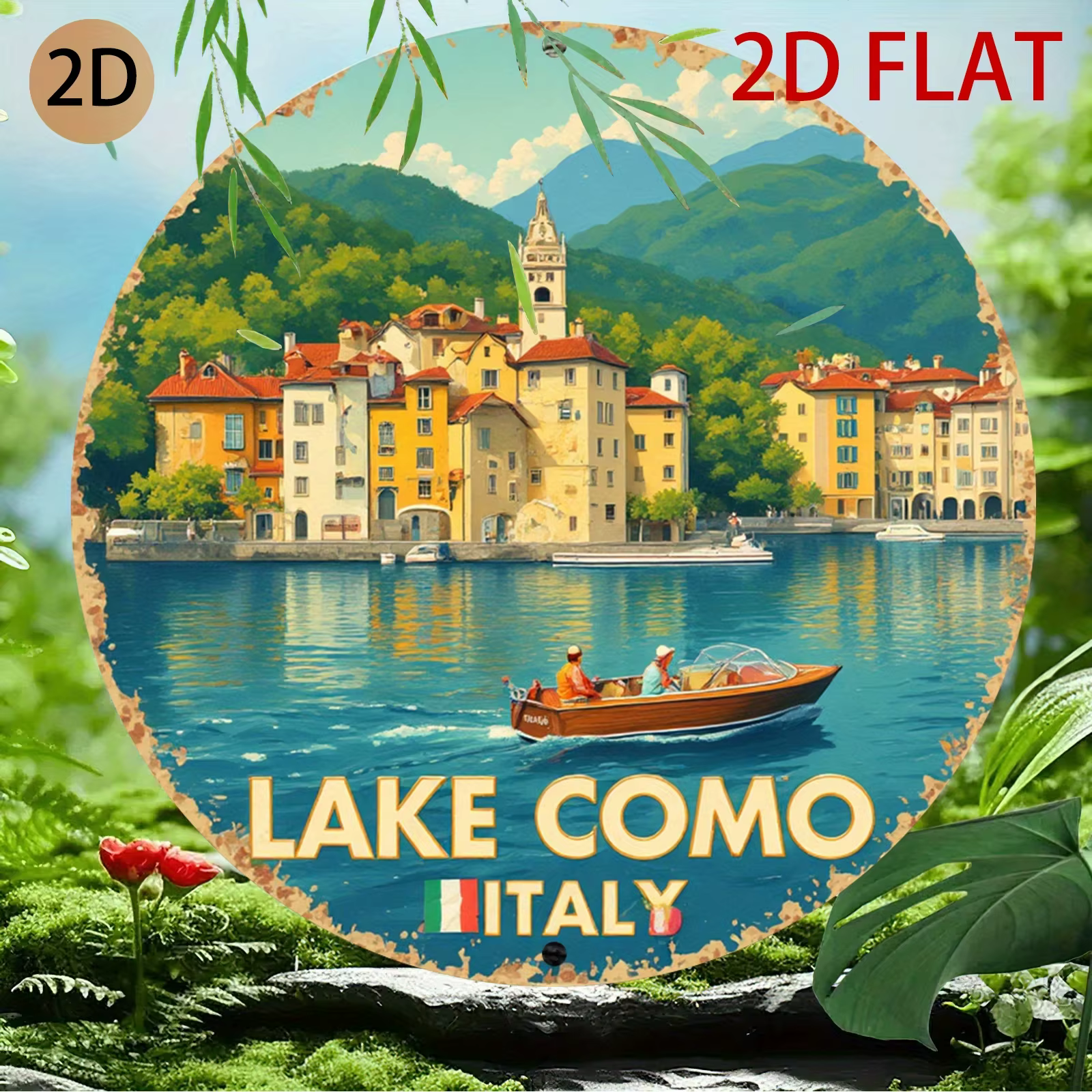 Décoration murale en métal sur le thème du lac de Como en Italie - Plaque en étain rétro