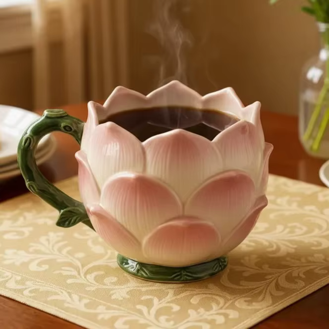 Mug en céramique créatif et élégant en forme de fleur, de haute qualité, style rétro français, pour boire du café et de l'eau