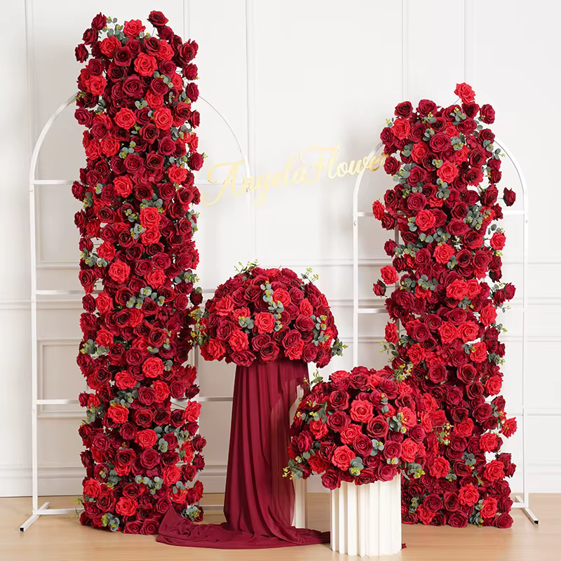 A8114 bordeaux rouge Rose vert feuille d'eucalyptus arc de mariage arrangement de rangée florale centre de Table