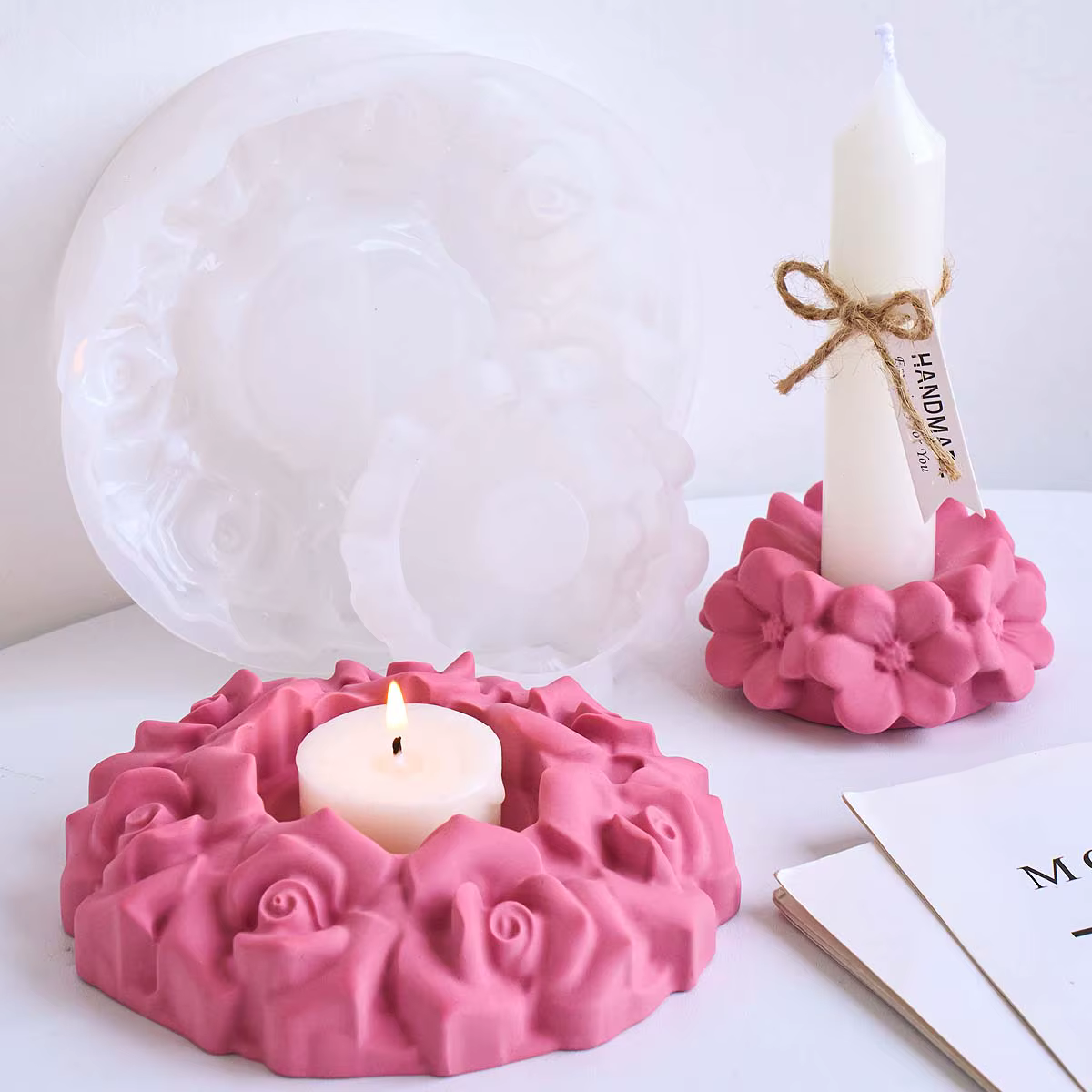 Moule en silicone pour bougeoir en forme de fleurs de cerisier et de roses, pour la fabrication artisanale de supports de bougies en plâtre et résine, moules de moulage pour la décoration intérieure
