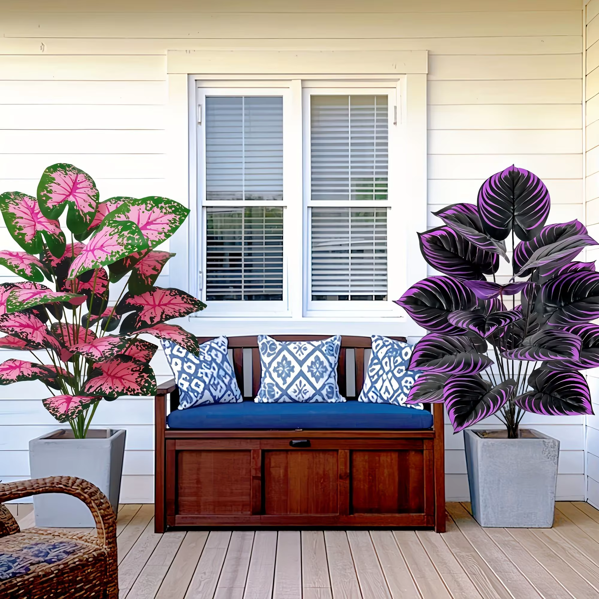 Ensemble de 2 plantes artificielles de Caladium avec feuilles roses violettes