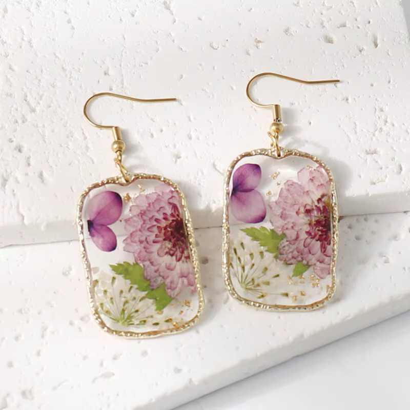 Boucles d'oreilles géométriques en résine époxy avec fleurs séchées, faites à la main, bijoux naturels personnalisés en gros