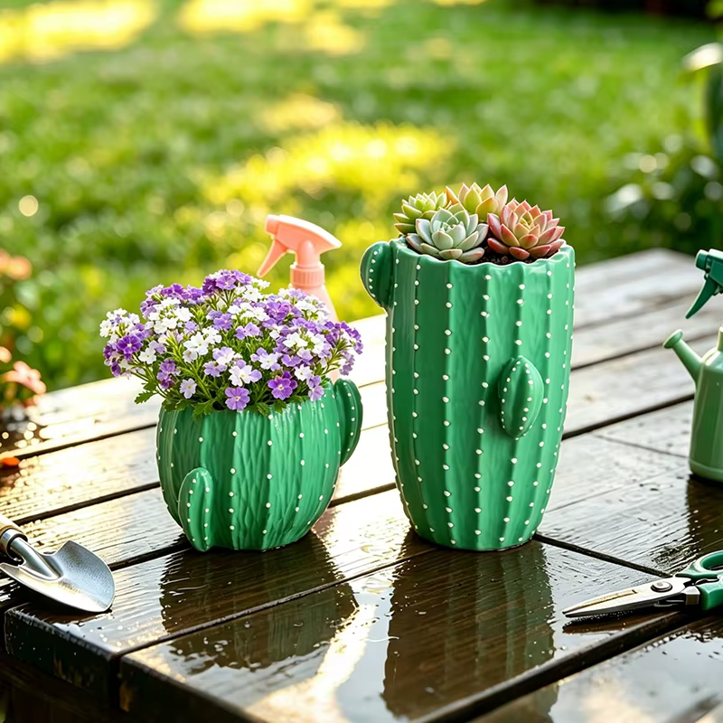 Petit pot de fleurs en résine en forme de cactus vert de dessin animé pour plantes succulentes