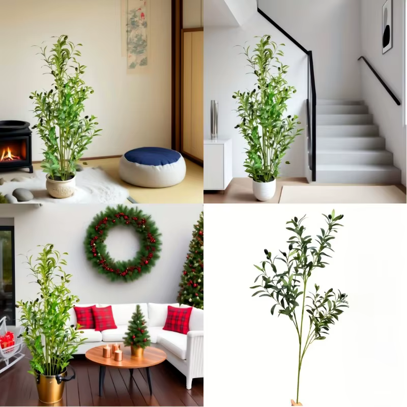 Grand olivier artificiel - Branches d'olivier vertes artificielles - Plante verte artificielle - Faible entretien -