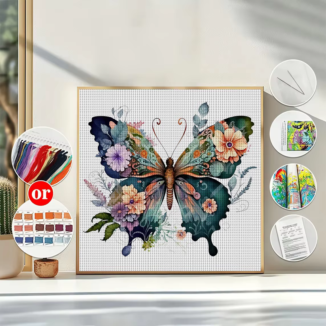 Kit de broderie au point de croix Fleur Papillon DIY 11CT, décoration murale pour la maison, cadeau fait main, matériel sans cadre, semi-fini 36×36cm