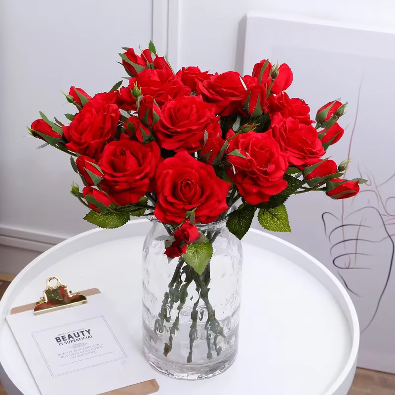 Aloès vert 3 pièces toucher réel 1 fleur 2 bourgeons branche de Rose fleurs artificielles Simulation Roses rouges fausse plante décoration de chambre