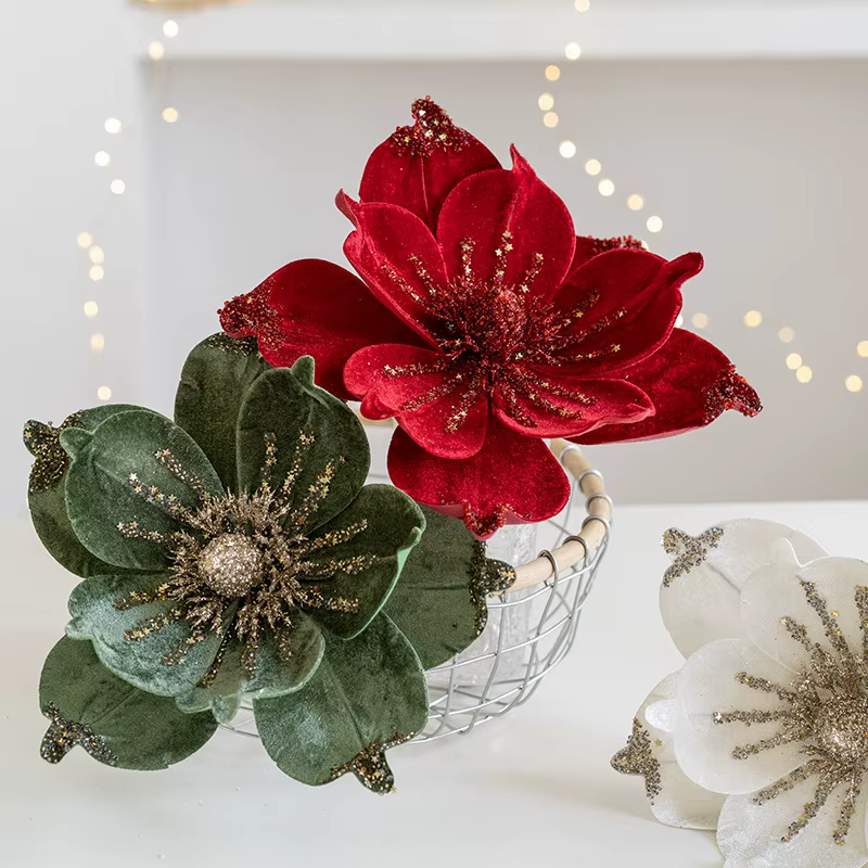 Arbre de noël Poinsettia fleur crème velours blanc Magnolia ornements floraux artificiels pour décoration