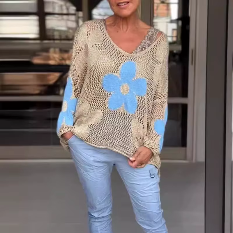 Pull tricoté ajouré pour femmes, col en v, fleur, ample, Design décontracté, mode, nouvelle Niche polyvalente, slim, été, printemps