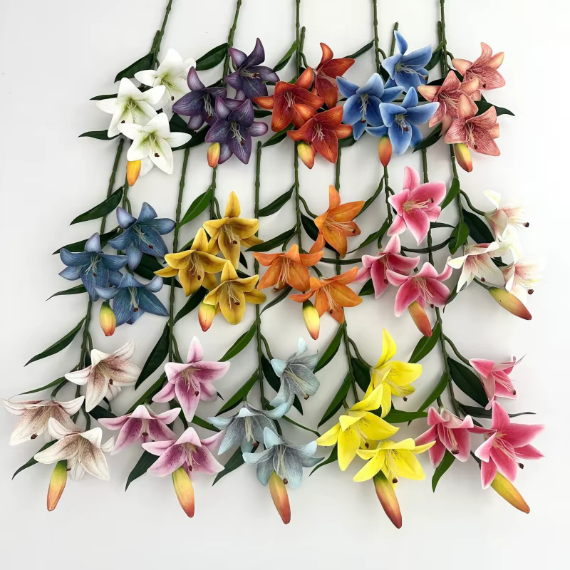 5PCS Branche de Fleur de Lys Artificielle Réaliste Imprimée en 3D Plante de Lys à 3 Têtes pour Décoration Florale de Mariage