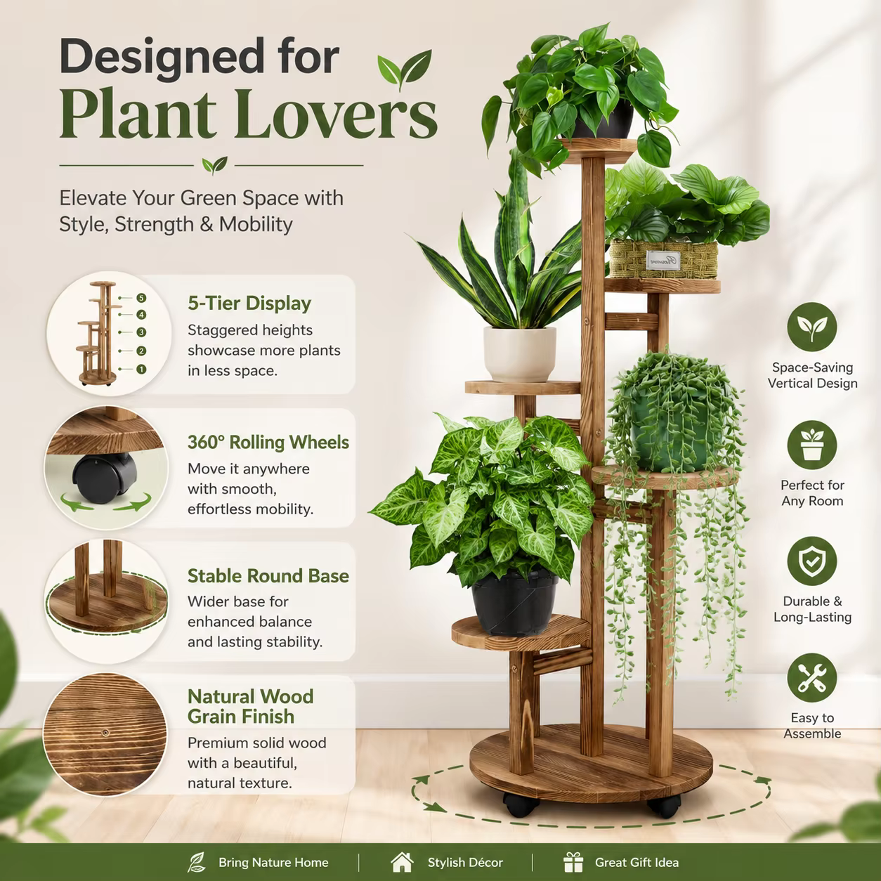Support à plantes à 5 niveaux sur roulettes