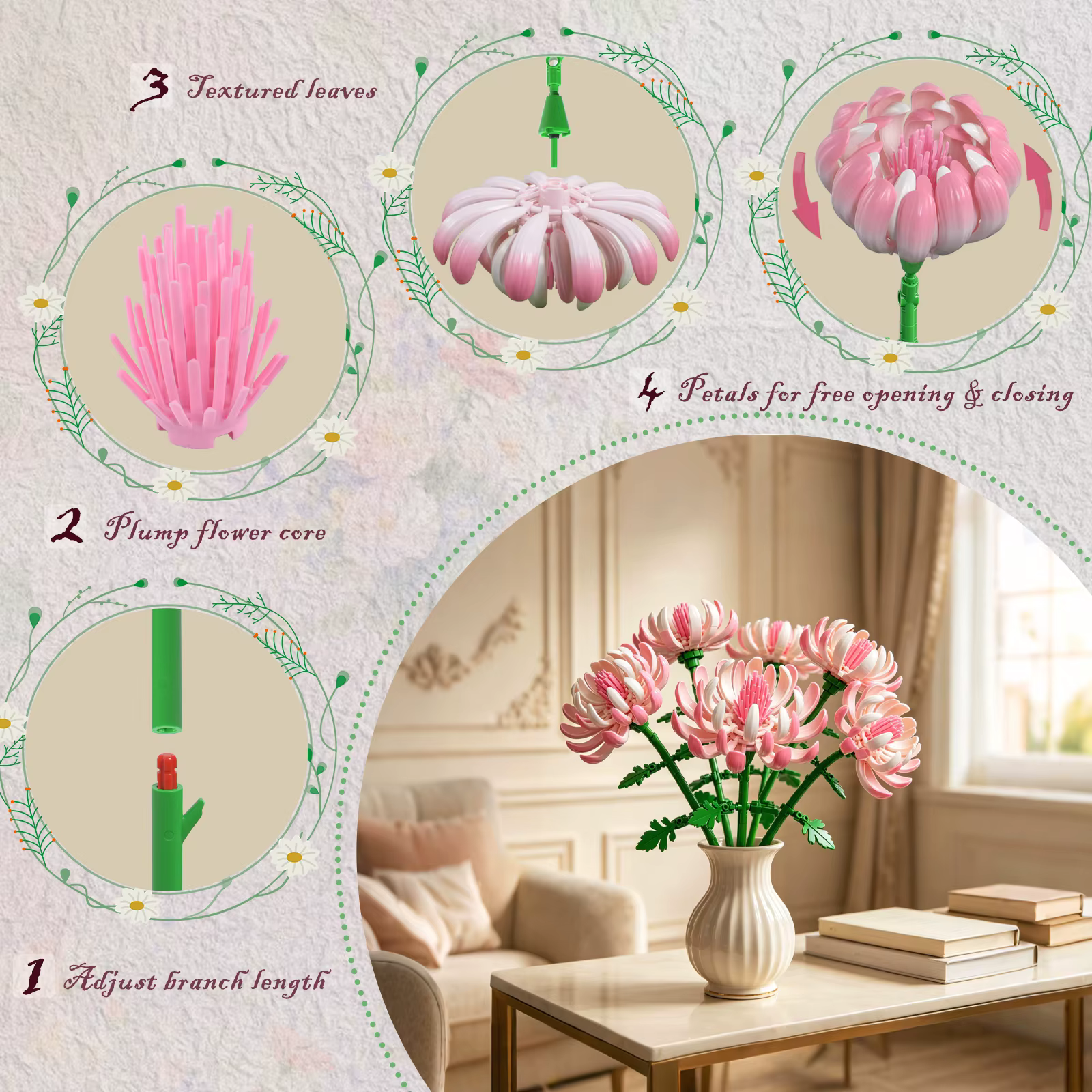 Bouquet de fleurs de chrysanthème rose en blocs de construction