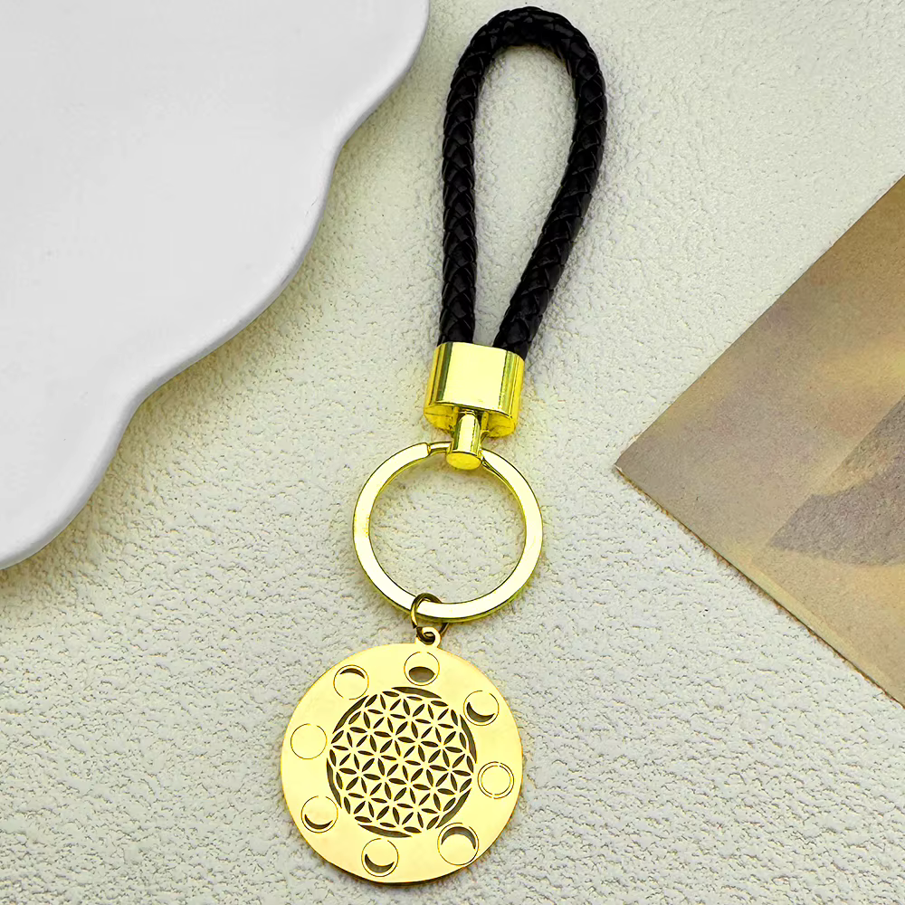 Porte-clés à géométrie sacrée fleur de vie pour femmes et hommes, en acier inoxydable, couleur argent, Phase de lune, bijoux cadeaux