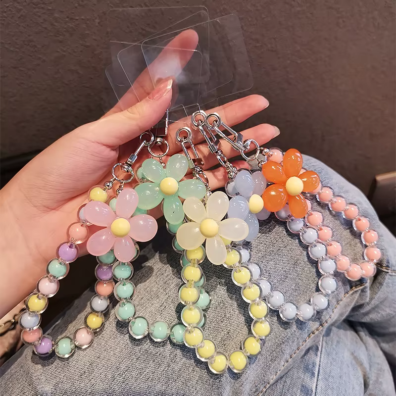 Porte-clés à fleurs colorées, chaîne perlée, accessoires pour téléphone, pendentif Anti-perte, lanière à main, pendentif de poignet