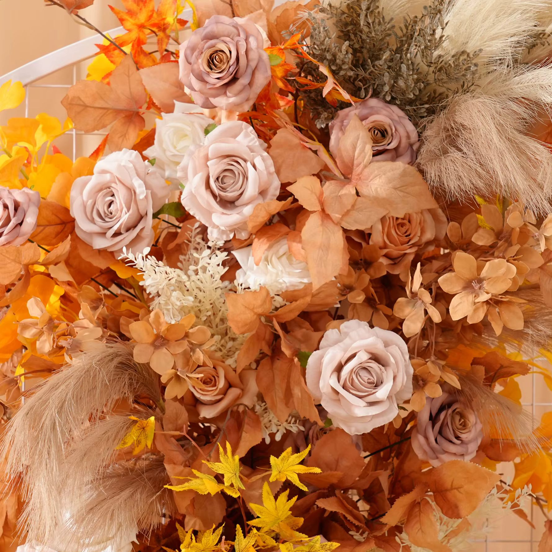 C8985 automne café Rose Pampas herbe feuilles accrocher Arrangement Floral mariage toile de fond décor allée fleur florale Photo fournitures