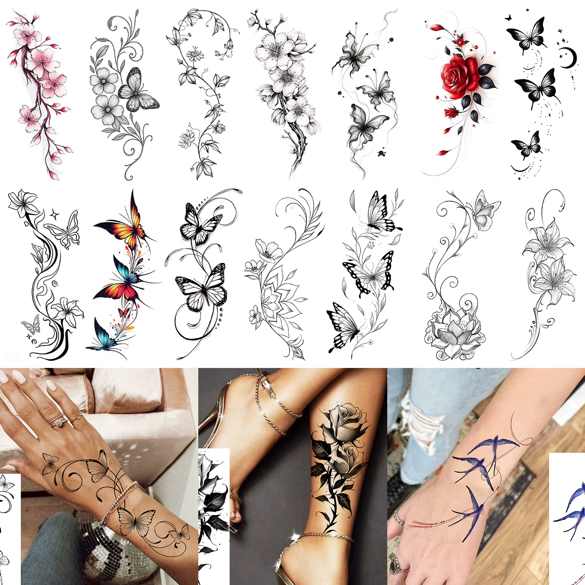 1 feuille de tatouages temporaires à motifs de fleurs, de sakura, de papillons et de vigne pour adultes, pour la cheville et la main, autocollants de tatouage factices réalistes et imperméables, longu