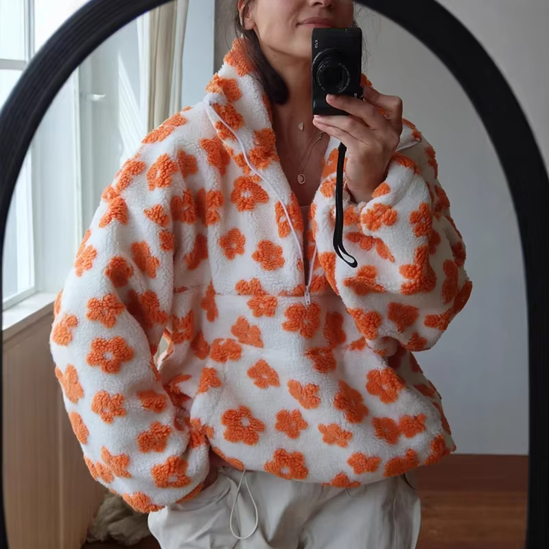Sweat-shirt à fleurs en polaire pour femmes, nouvelle mode automne-hiver 2021, sweat à capuche chaud en fourrure, haut avec fermeture éclair, vêtements d'extérieur décontractés