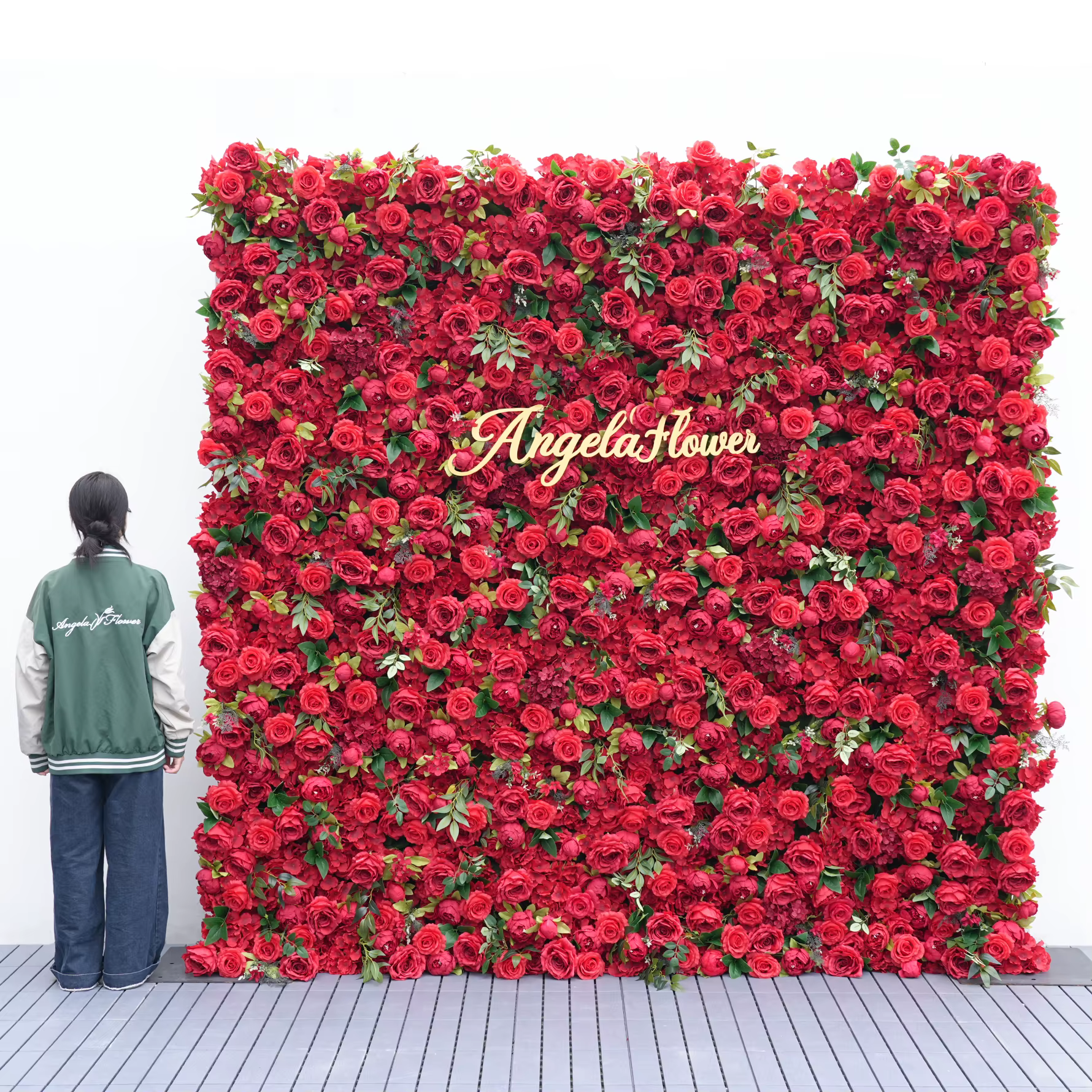 A8937 Rose rouge pivoine feuilles vertes 5D enroulable tissu Base fleur décoration murale mariage toile de fond Arrangement Floral fournitures de Banquet