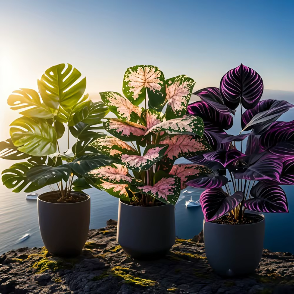 Ensemble de 3 grandes plantes artificielles vertes d'extérieur avec 36 feuilles