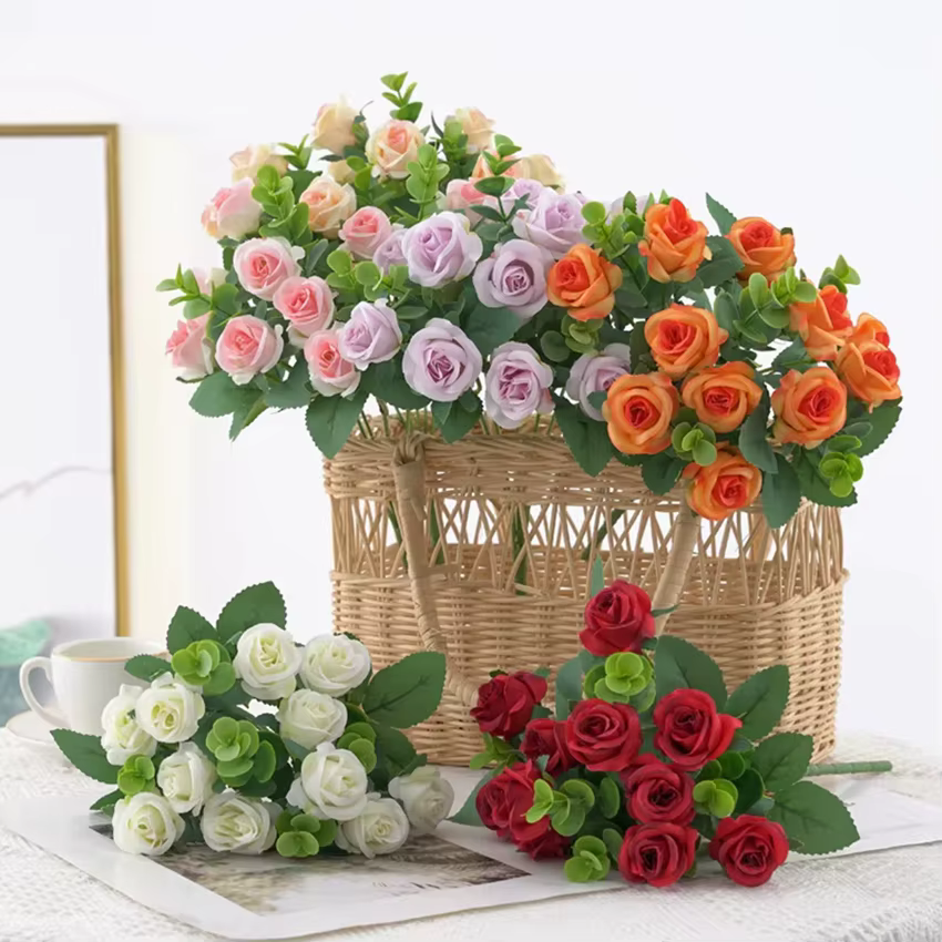 Fleurs artificielles Vase Décoration De La Maison En Plein Air Jardin Festival Eucalyptus Feuilles Fausses Plantes Fête De Mariage Soie Roses Bouquet