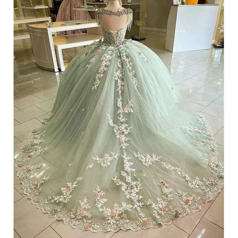 Robe de demoiselle d'honneur verte personnalisée pour mariage, en dentelle, épaules dénudées, appliquée, bouffante, pour fête d'anniversaire d'enfants, première communion