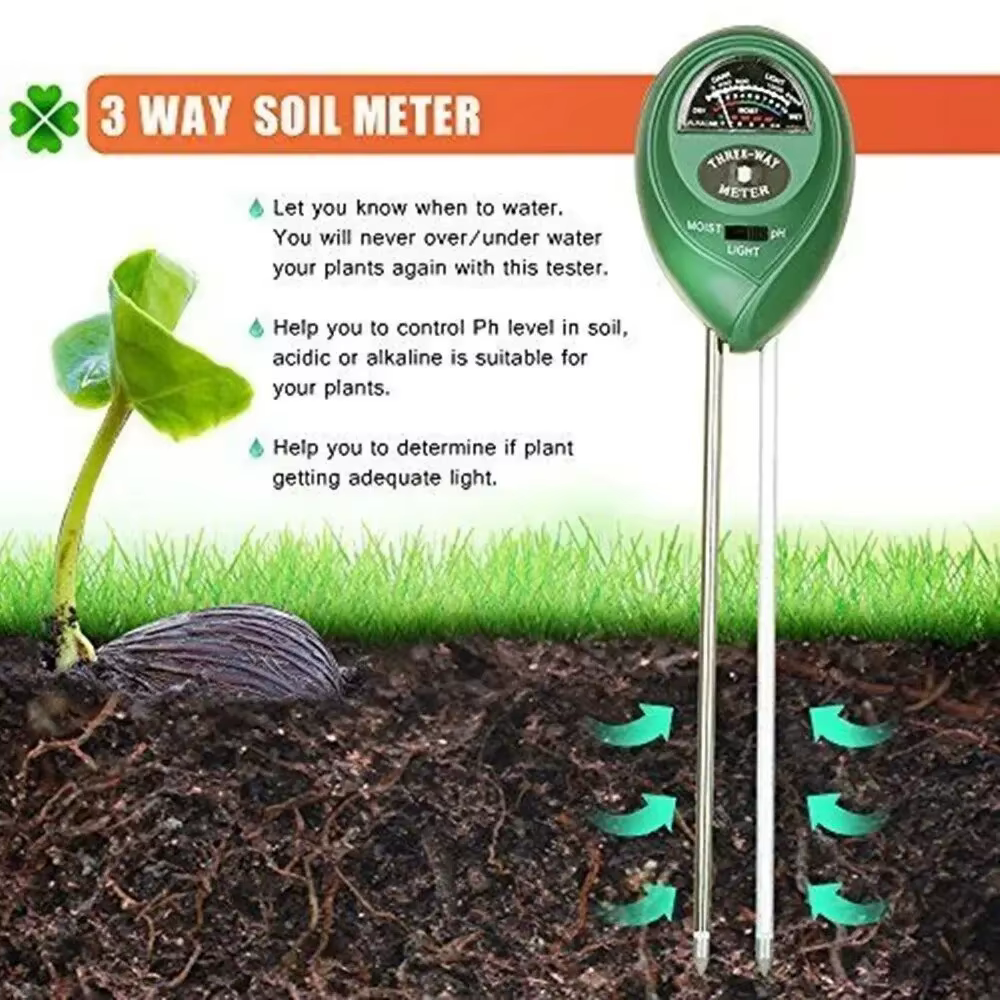 Testeur de sol 3-en-1 : humidité, luminosité et pH – Outil de mesure de l'acidité de l'eau pour plantes de jardin, fleurs et plantes en pot