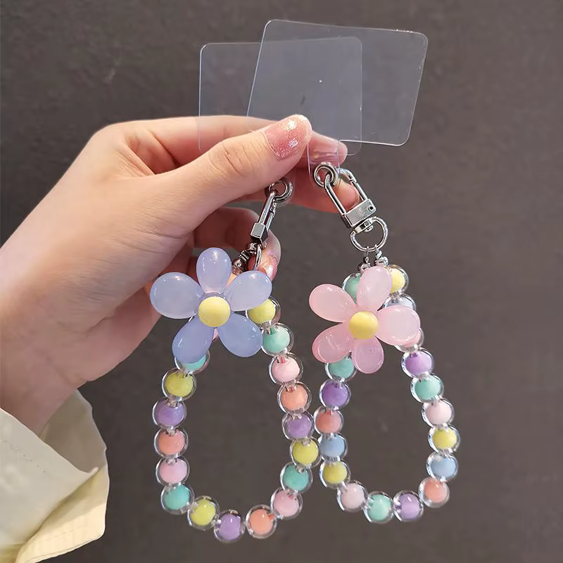 Porte-clés à fleurs colorées, chaîne perlée, accessoires pour téléphone, pendentif Anti-perte, lanière à main, pendentif de poignet