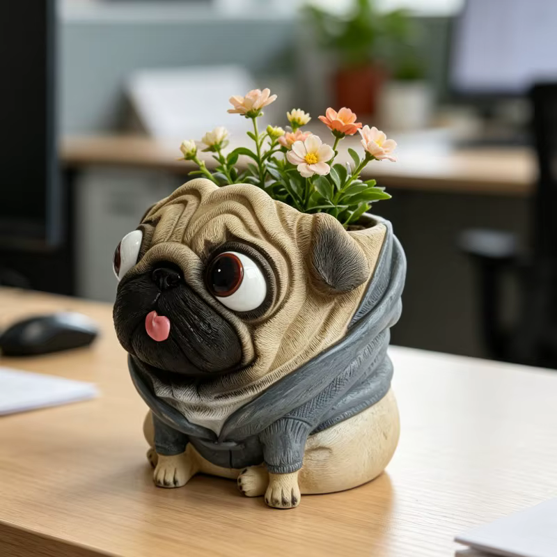 Pot de fleurs en résine en forme de chien Pug
