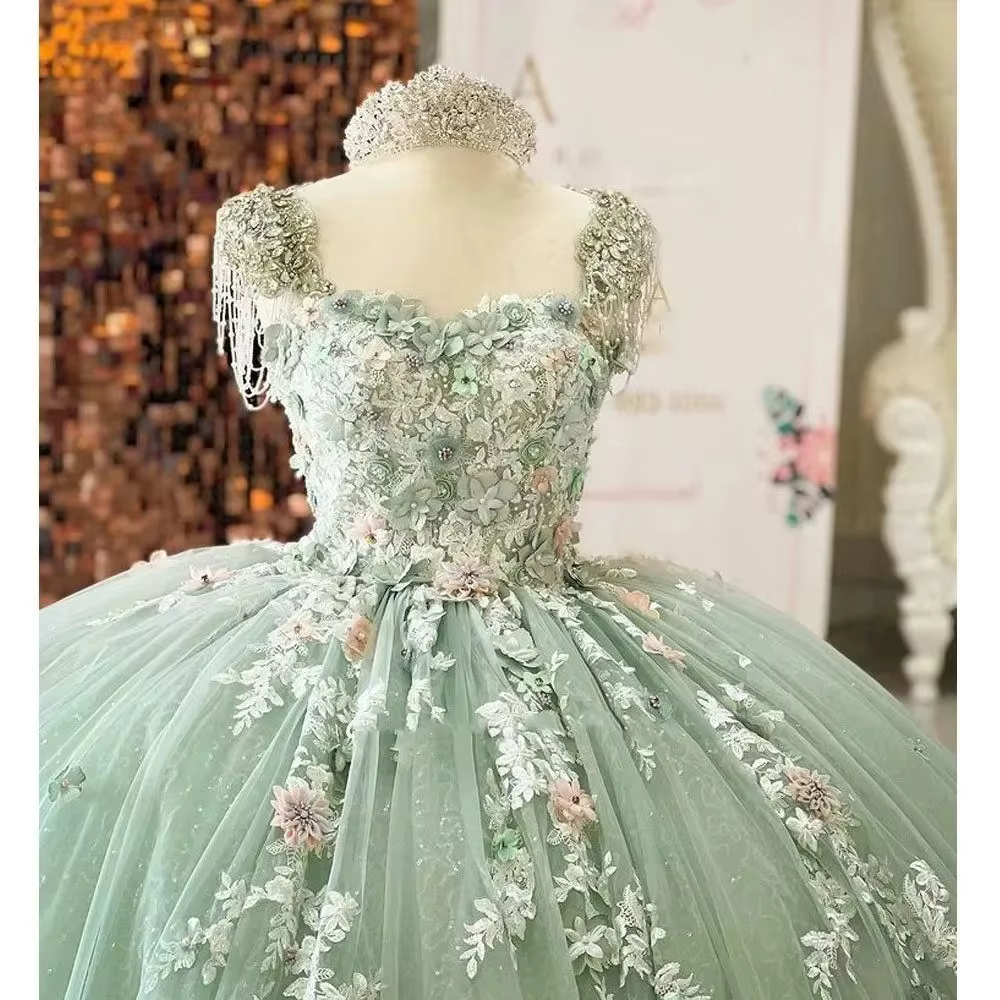 Robe de demoiselle d'honneur verte personnalisée pour mariage, en dentelle, épaules dénudées, appliquée, bouffante, pour fête d'anniversaire d'enfants, première communion