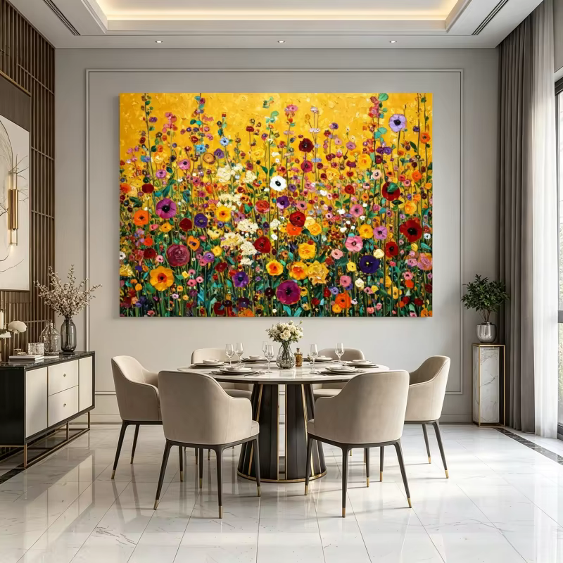Peinture sur toile de fleurs abstraites, art mural floral vibrant, Gustav Klimt, fleurs sauvages colorées, affiche imprimée pour salon et bureau