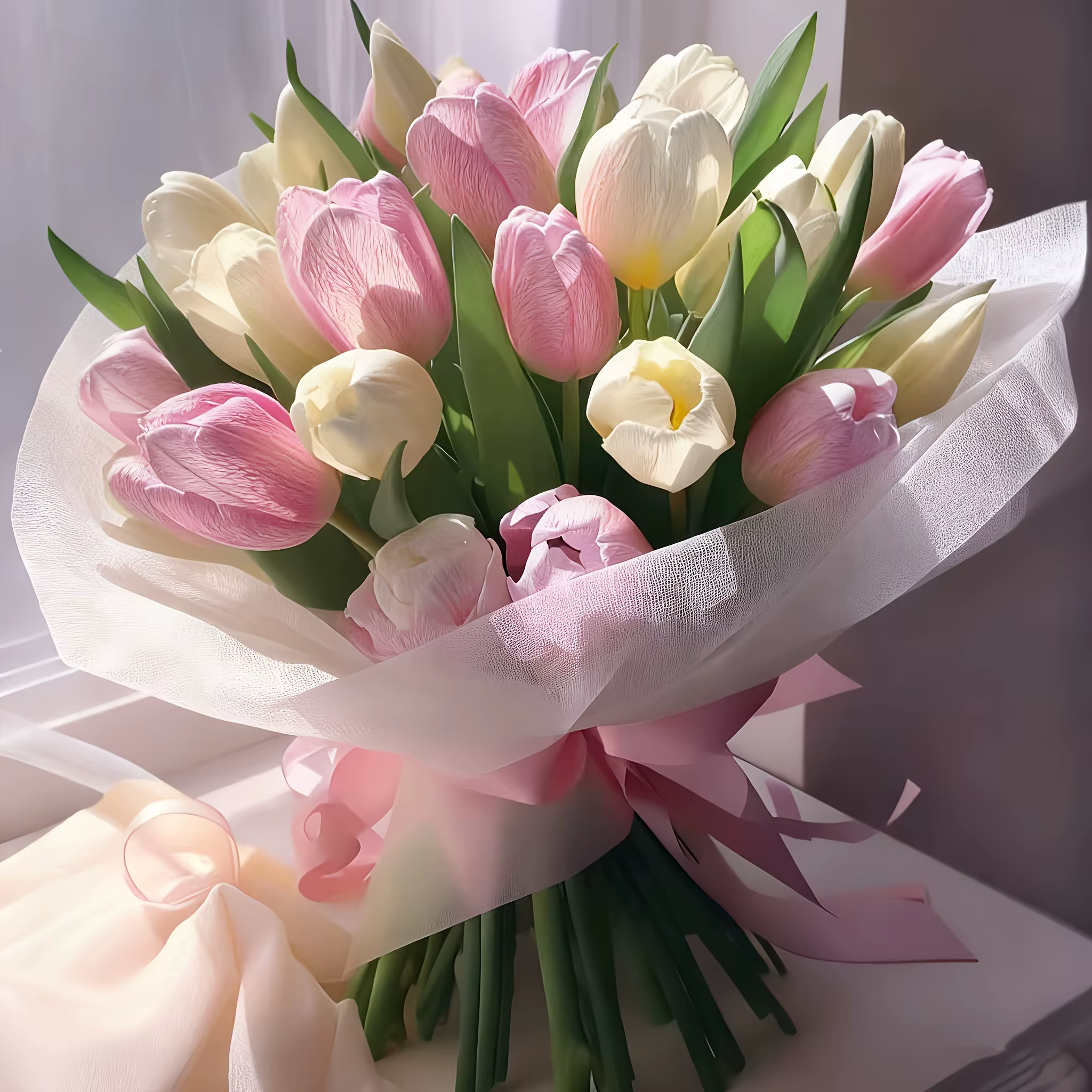 Ensemble de 12 tulipes artificielles réalistes crème et roses