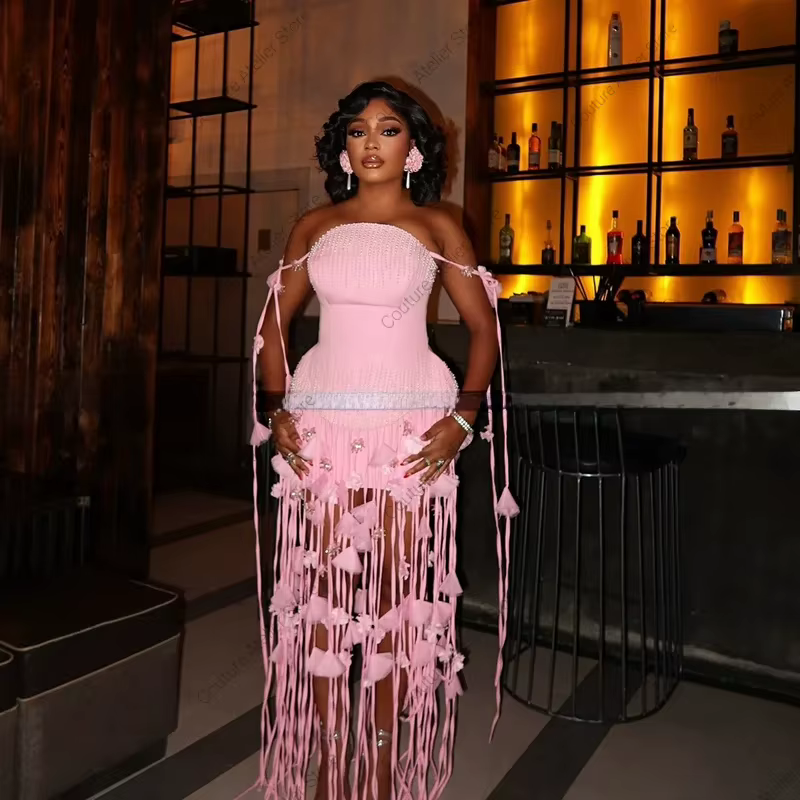 Robe de cocktail africaine 2 pièces avec perles et pompons pour femme, courte, formelle, pour soirée, anniversaire, fête, bal de promo, personnalisable