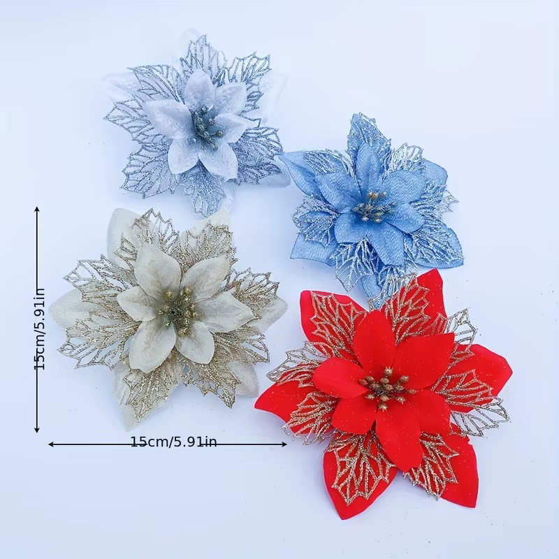 Paquet de 24 décorations de fleurs artificielles de noël Poinsettia en tissu pour arbre