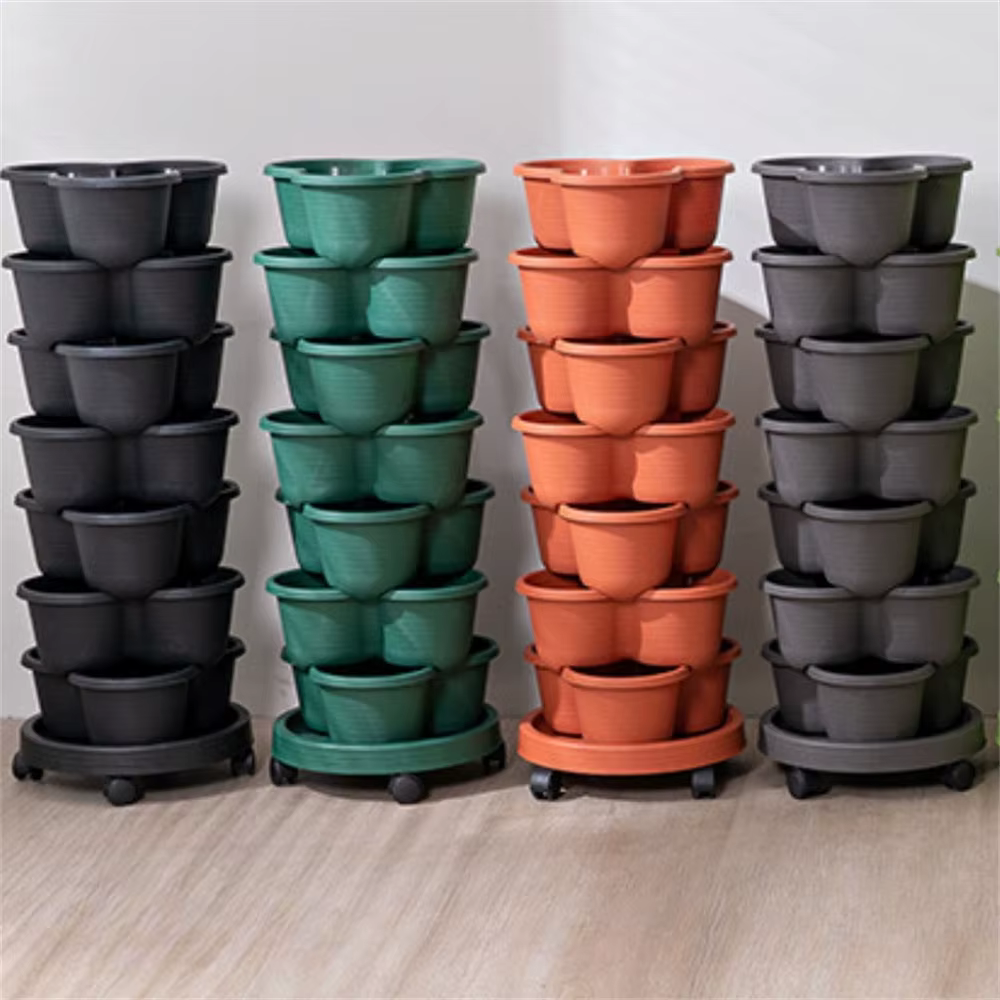 Nouveau pot de fleurs vertical empilable en plastique avec roulettes mobiles